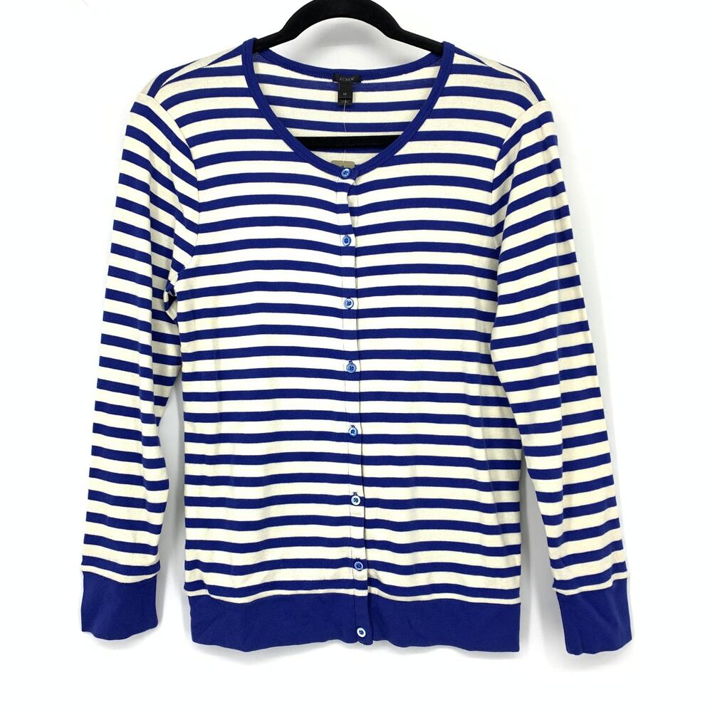 J.Crew F1352 Breton Stripe Nautical Cardigan Sweater Women's M Blue White